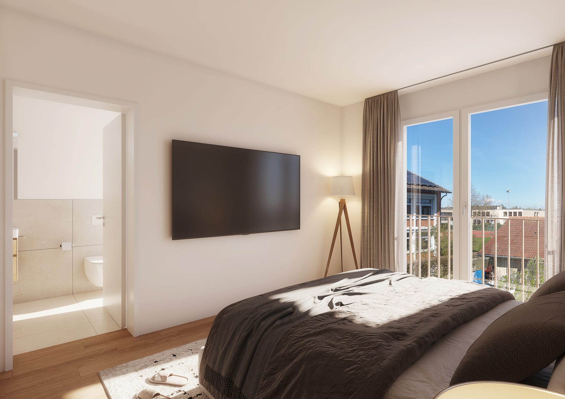 Schlafzimmer mit bodentiefem Fenster, Tageslicht und angrenzendem Bad