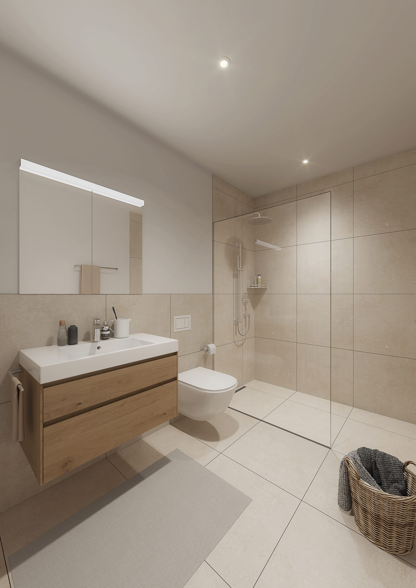 Modernes Bad mit bodenebener Dusche, Waschtisch mit Eichenfront und Feinsteinzeugplatten in Sand